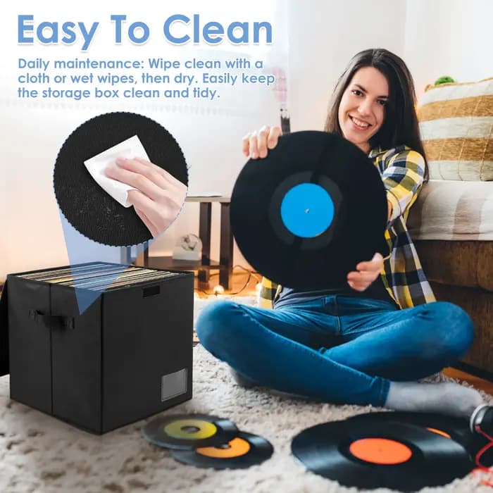 Boîte de rangement pour disques vinyles avec poignée et emplacement pour étiquette