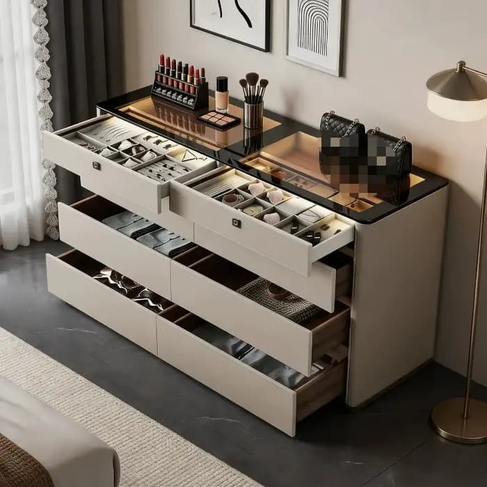 Cassettiera en bois de luxe italienne avec poignées dissimulées pour salon et chambre, accessoires de maison