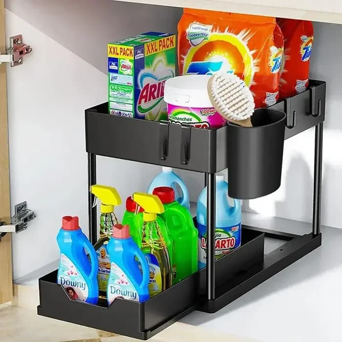 Organisateur d'évier de cuisine multifonction à 2 niveaux, panier d'armoire coulissant avec crochets