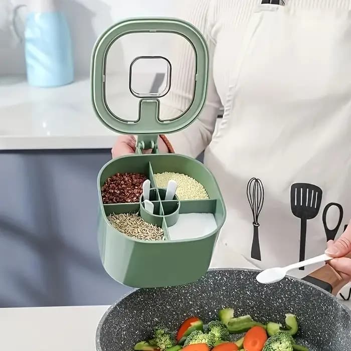 Une boîte d'assaisonnement 4 en 1 de grande capacité avec couvercle et cuillères livrée avec quatre
