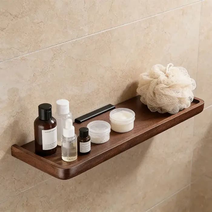 Étagère d'angle murale en bois de noyer noir pour salle de bain - Organisateur de rangement