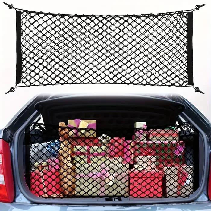 Filet de rangement pour coffre avec crochet extensible et matériau en nylon pour une durabilité accrue. Convient aux camionnettes