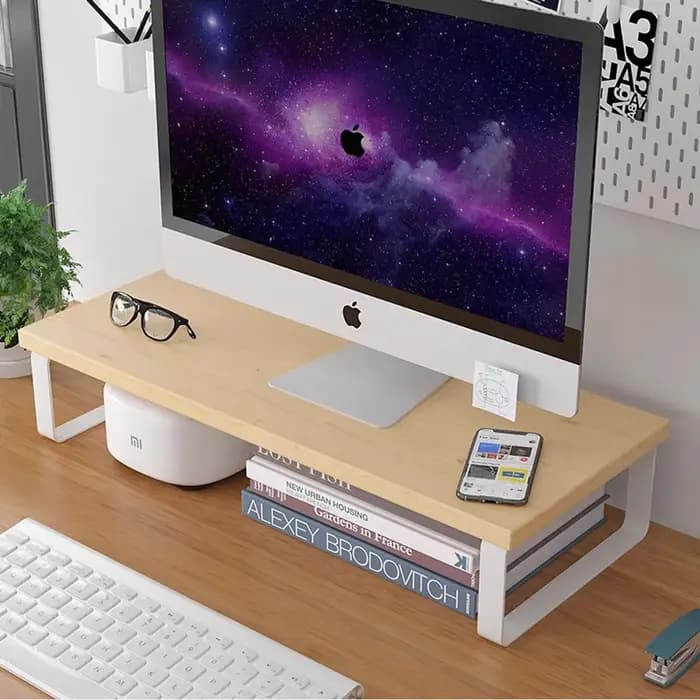 Support d'ordinateur de bureau surélevé pour écran et ordinateur portable avec rangement intégré