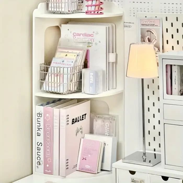 Étagère de bureau d'angle à 3 niveaux, support de rangement blanc peu encombrant pour organiser livres, cosmétiques, fournitures de bureau, couches modernes