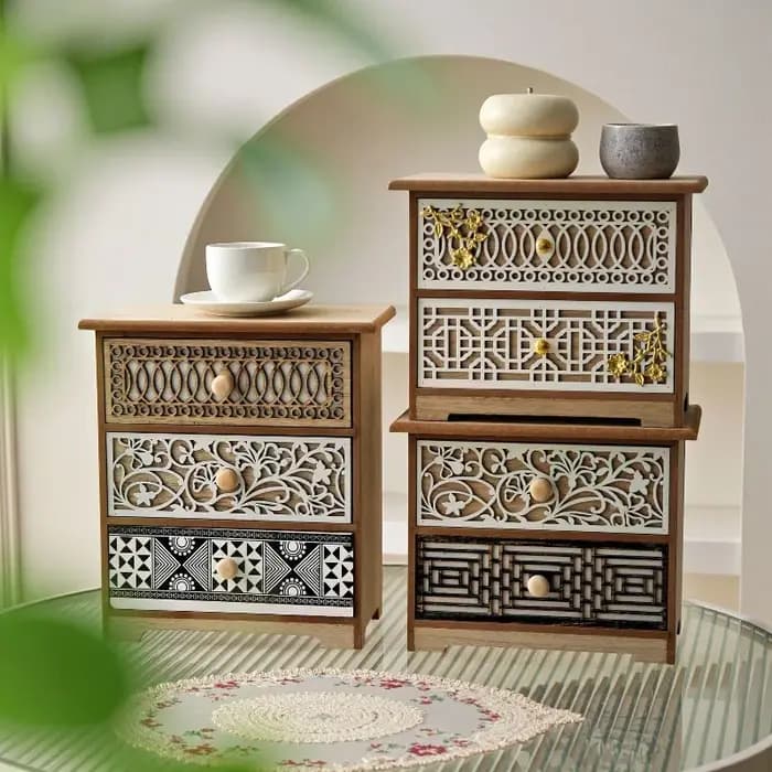 Nouvelle armoire de rangement de bureau en bois sculpté de style rétro – Organisateur multi-niveaux à tiroirs