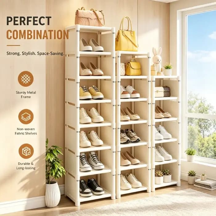 Étagère à chaussures en tissu avec cadre métallique à 8 niveaux