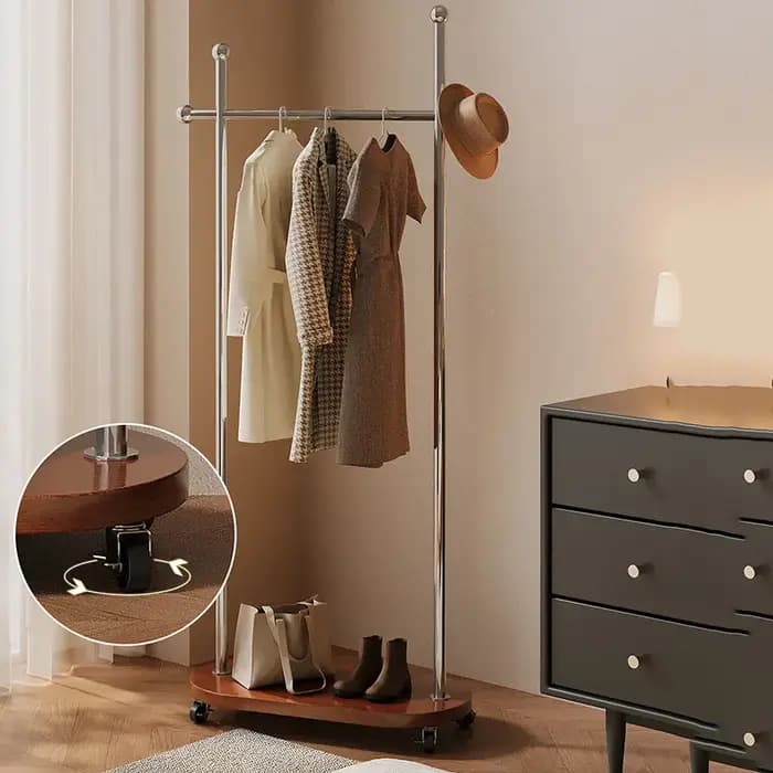 Porte-manteaux d'entrée moderne en métal sur roulettes avec étagère d'angle pour vêtements et chaussures