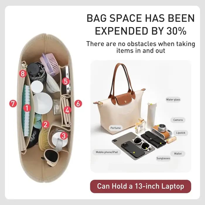 Insert organisateur pour sac fourre-tout Longchamp Le Pliage L et sac à main M