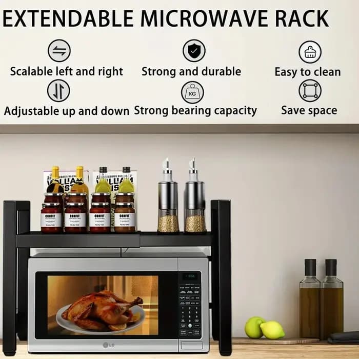 Étagère extensible pour micro-ondes avec 6 crochets - Support de rangement de cuisine réglable de 40 à 64 cm