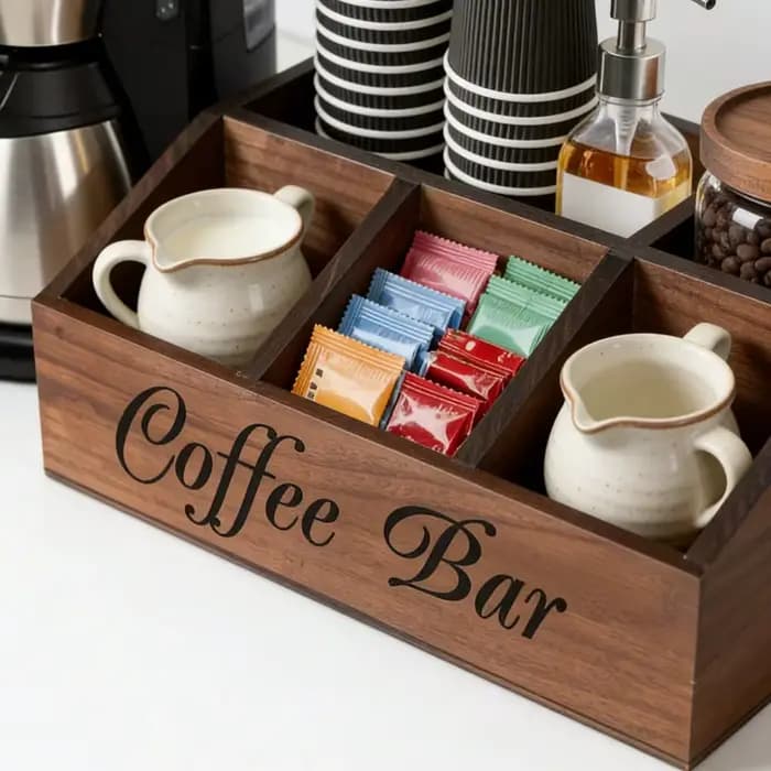 Organisateur de bar à café en bois avec 5 compartiments
