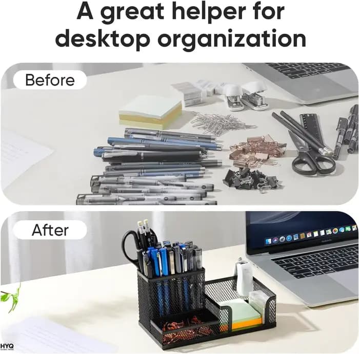 Organisateur de bureau en maille avec porte-crayons et paniers de rangement pour accessoires