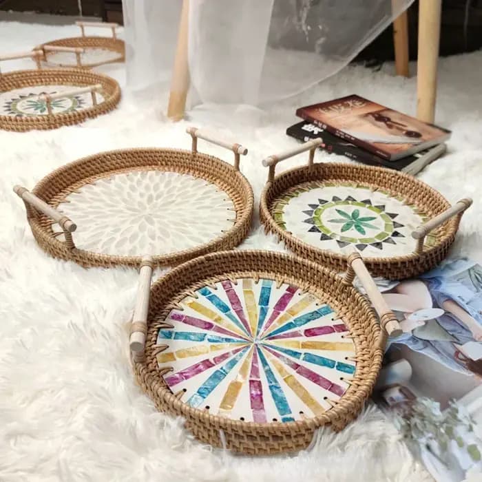 Plateau de rangement rond en rotin créatif, coquille naturelle, panier en rotin avec poignée, décoration, rangement de bijoux, organisateur de salon
