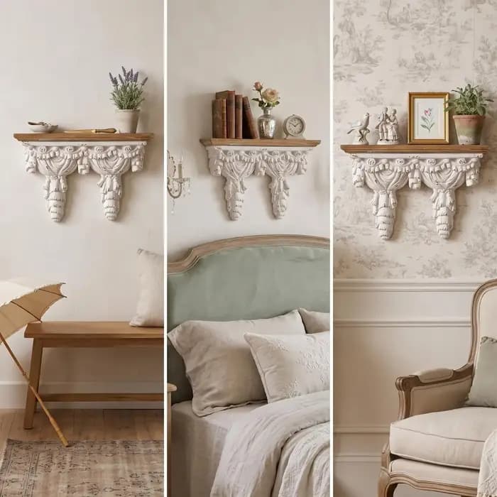 Étagère murale de style français avec support sculpté, ornée, pour salon