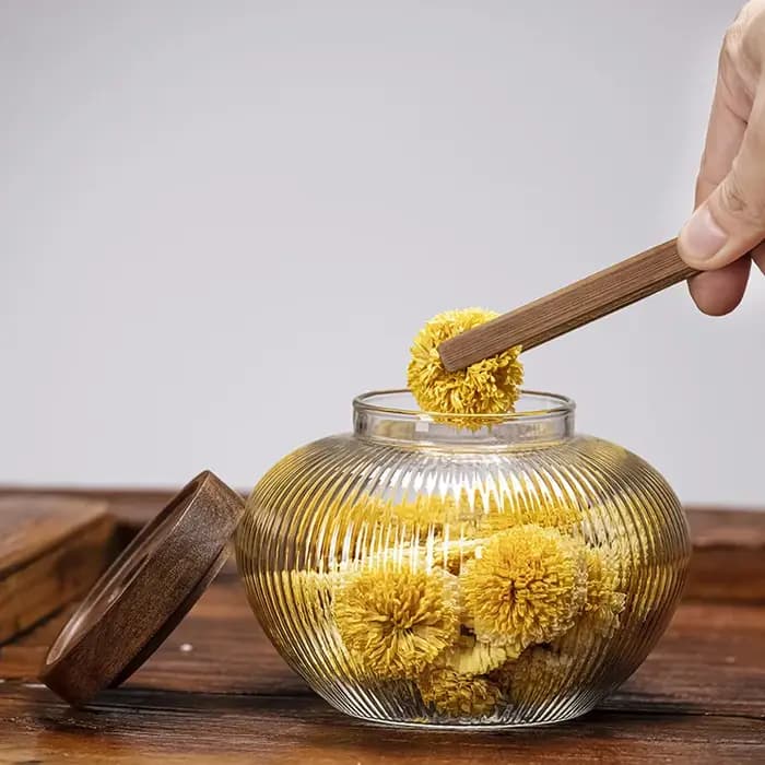 Bocal de rangement en verre avec couvercle en bois d'acacia