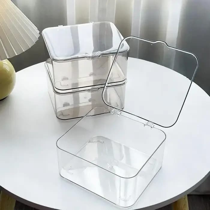 Boîte de rangement cosmétique entièrement transparente avec couvercle