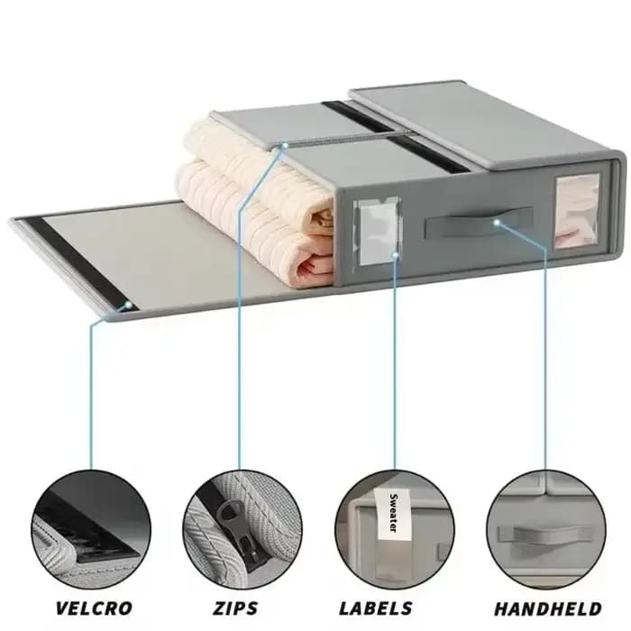 Boîte de rangement pour draps en tissu avec fermeture éclair et fenêtre pliable pour couvertures