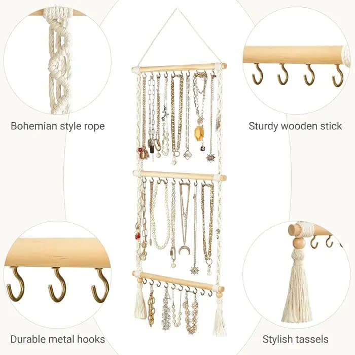 Support de rangement pour bijoux bohème fait à la main avec 30 crochets