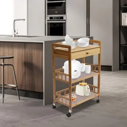 Chariot de Cuisine Roulant en Bambou avec Support de Rangement, Étagères à 3 Niveaux, Organisateur,