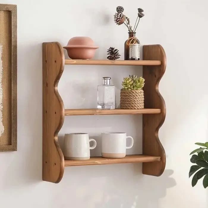 Étagère murale en bois à 3 niveaux, gain de place, avec vis, bord ondulé, grande capacité, étagère flottante en bois