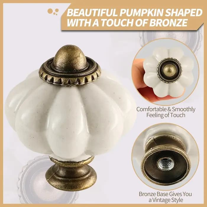 4 poignées de meuble en céramique blanches antiques en forme de citrouille
