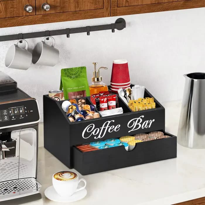 Boîte de rangement en bois pour sachets de café, organisateur d'accessoires de bar à café à double c