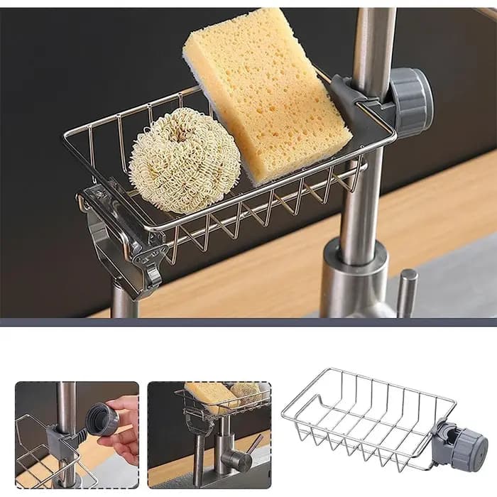 Support d'évier de cuisine en acier inoxydable pour éponges et accessoires