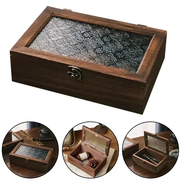 Boîte de rangement rétro en bois uni avec couvercle