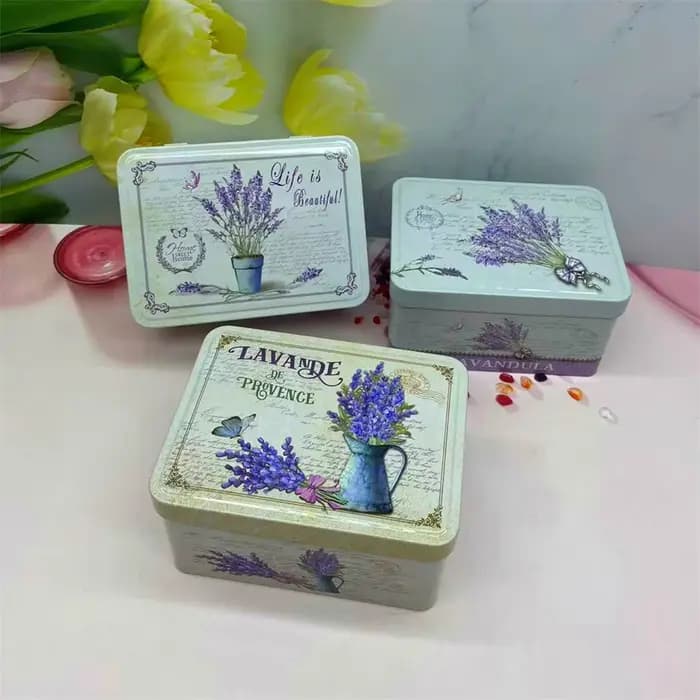 Boîte de rangement rectangulaire en métal floral lavande vintage avec couvercle à pression - Organisateur décoratif de