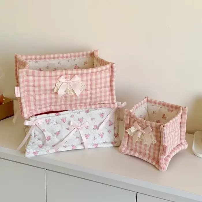 Panier de rangement matelassé pliable en tissu avec jolie décoration en nœud, boîte de rangement de bureau pour chevet et commode