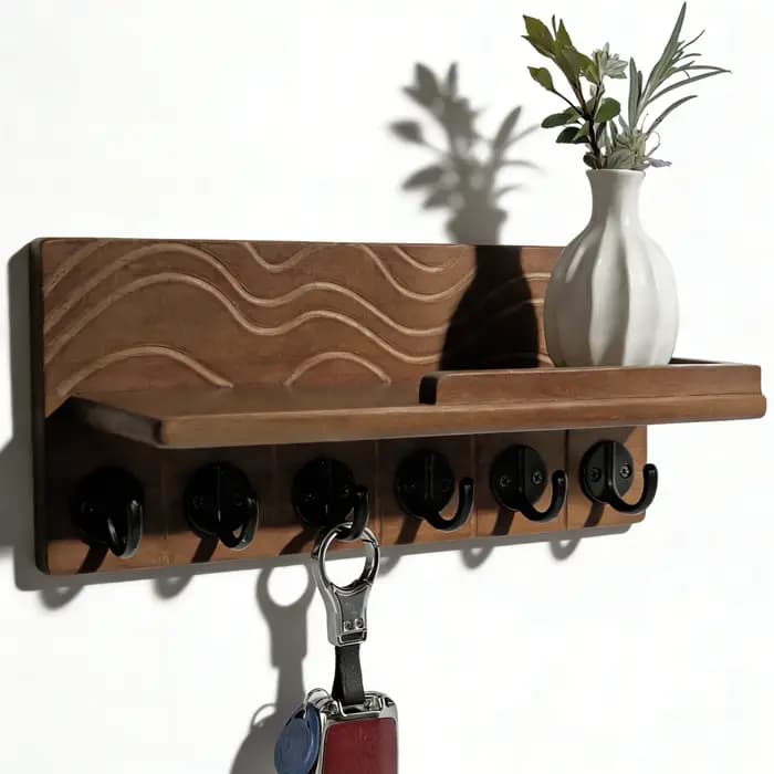 Porte-clés mural décoratif - en bois de pin massif avec 6 crochets et étagère de rangement ultra profonde