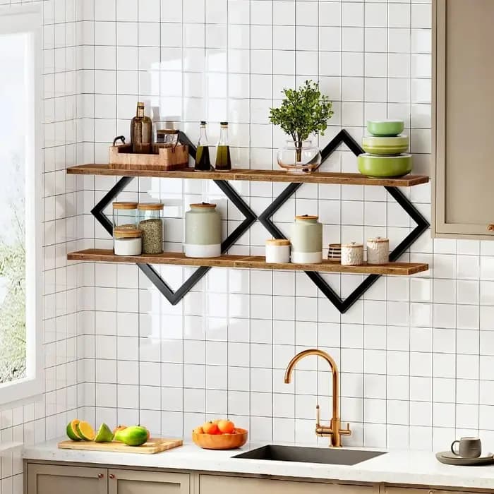 Étagères murales rétro, étagère de rangement en bois rustique à double niveau pour la salle de bain, la cuisine, la décoration du salon