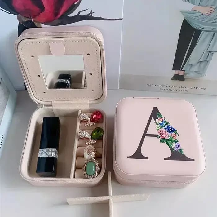 Boîte à bijoux en cuir personnalisée avec fermeture éclair, matiques, boucles d'oreilles, lettre, ét