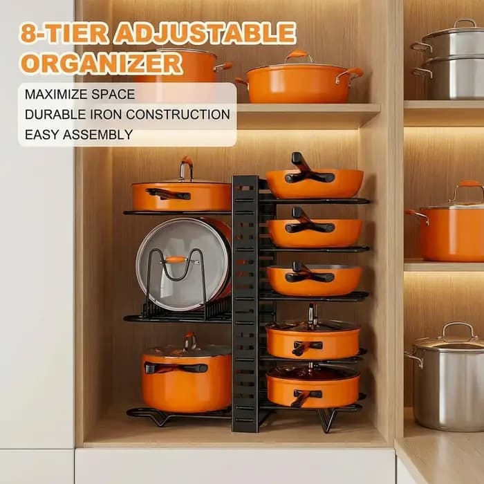 Organisateur de casseroles à 8 niveaux pour gagner de la place - Support en métal durable