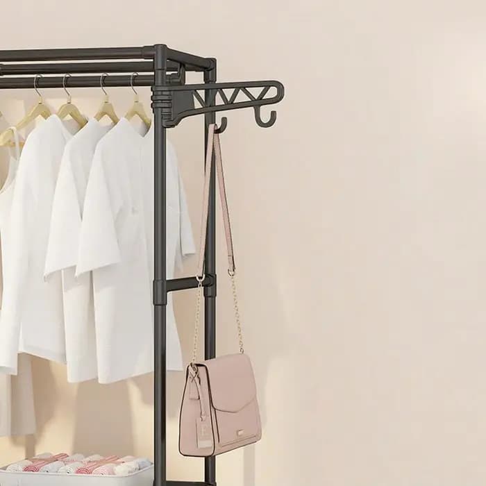 Porte-manteau vertical en métal double rangée pour rangement de vêtements et étagère de sol multifonctionnelle pour chambre à coucher