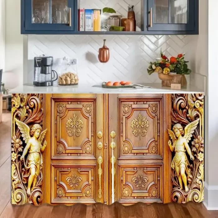 Le rideau court de cuisine VIKAMA présente un design rustique à grain de bois
