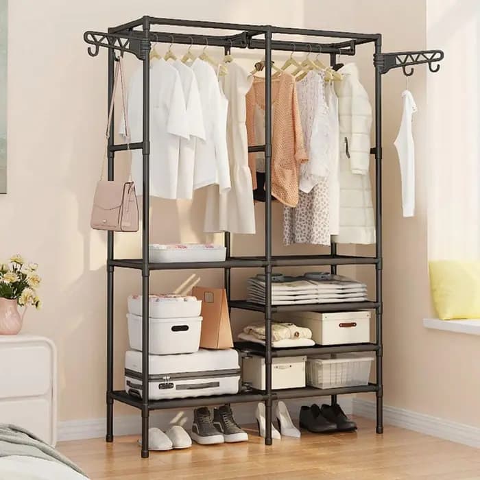 Porte-manteau vertical en métal double rangée pour rangement de vêtements et étagère de sol multifonctionnelle pour chambre à coucher