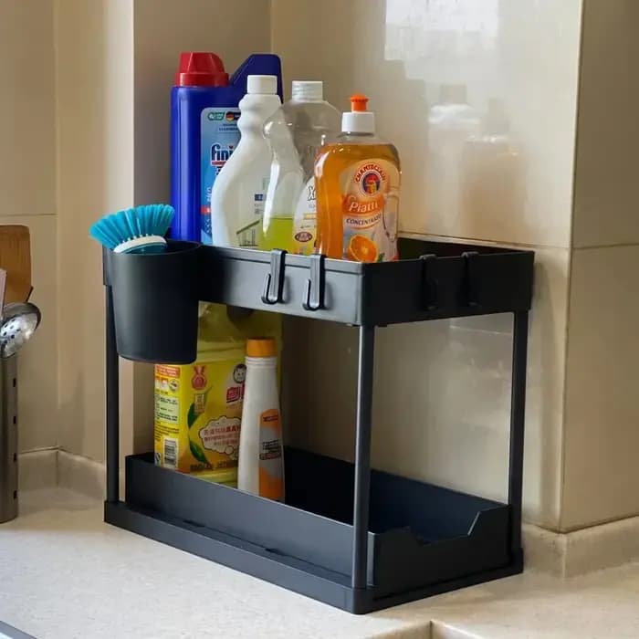 Étagère de rangement coulissante à double niveau sous évier