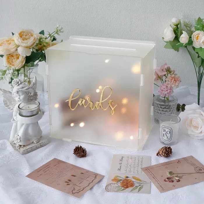 PartyWorld – boîte à cartes de mariage en acrylique, coffret cadeau givré avec guirlande lumineuse,