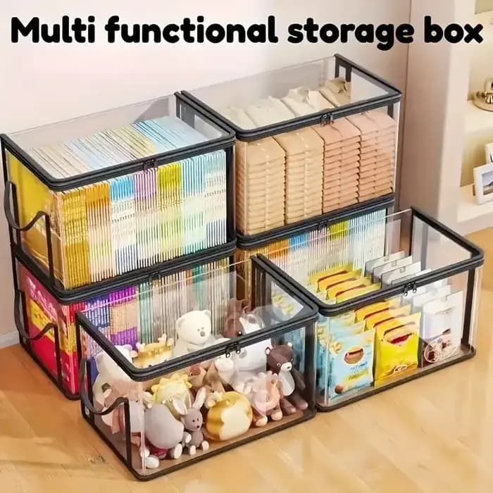 Lot de 2 grandes boîtes de rangement transparentes avec couvercle rabattable - avec cadre noir