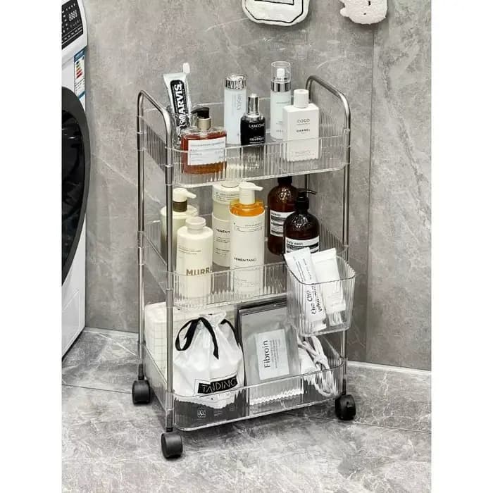 Étagère de rangement transparente à plusieurs niveaux avec roulettes