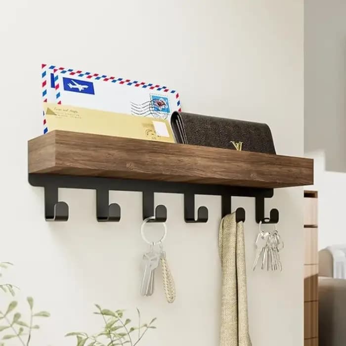 Étagère flottante rustique en bois avec 6 crochets