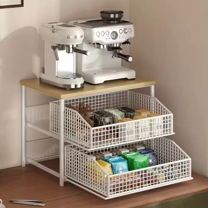 1 support de rangement pour comptoir de cuisine peu encombrant avec tiroirs et paniers métalliques