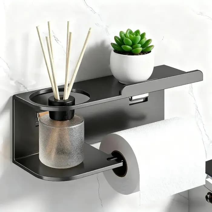 Porte-papier hygiénique mural avec distributeur de rouleaux et étagère de rangement – Organisateur peu encombrant pour toilettes à la maison