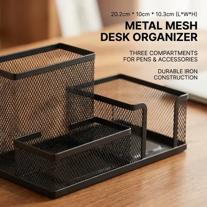 Organisateur de bureau en maille noire avec porte-crayons et paniers de rangement