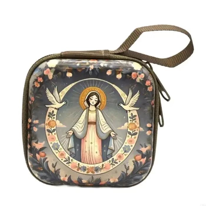 pour écouteurs, boîte rangement bijoux religieux, pochette chapelet catholique, porte-monnaie