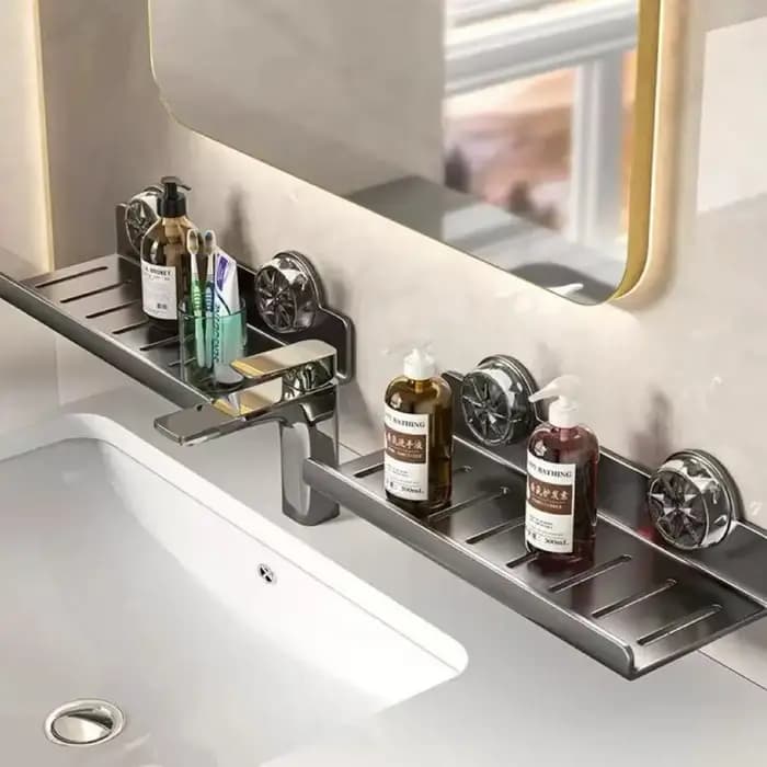 Étagère de salle de bain murale sans perçage avec miroir à ventouse pour lavabo et robinet