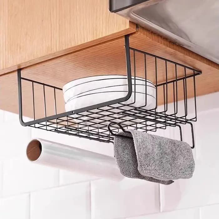 Étagère suspendue en fer sans perçage pour armoire de cuisine et séparateur de rangement sous table