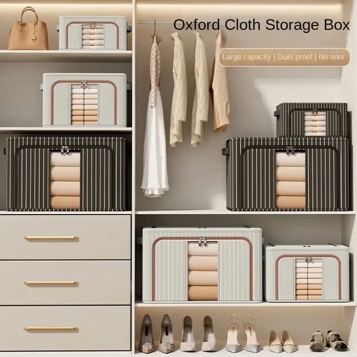 Organisateur de garde-robe rayé Oxford – Boîte de rangement pour maison/vêtements avec poignée et fenêtre