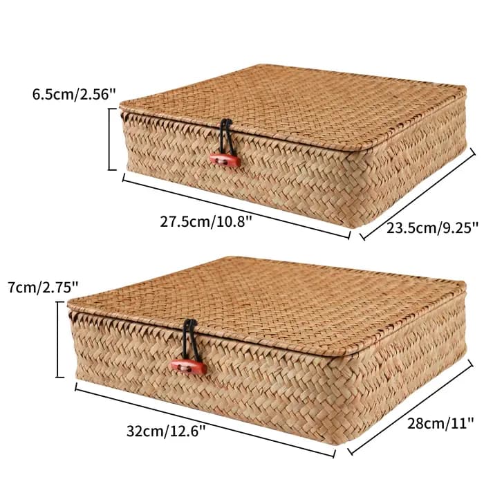 Paniers en jonc de mer avec couvercle, 2 pièces, panier de rangement en osier, bacs de rangement pla