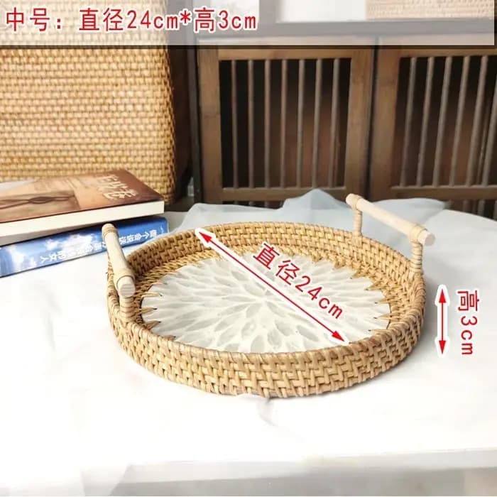 Plateau de rangement rond en rotin créatif, coquille naturelle, panier en rotin avec poignée, décoration, rangement de bijoux, organisateur de salon